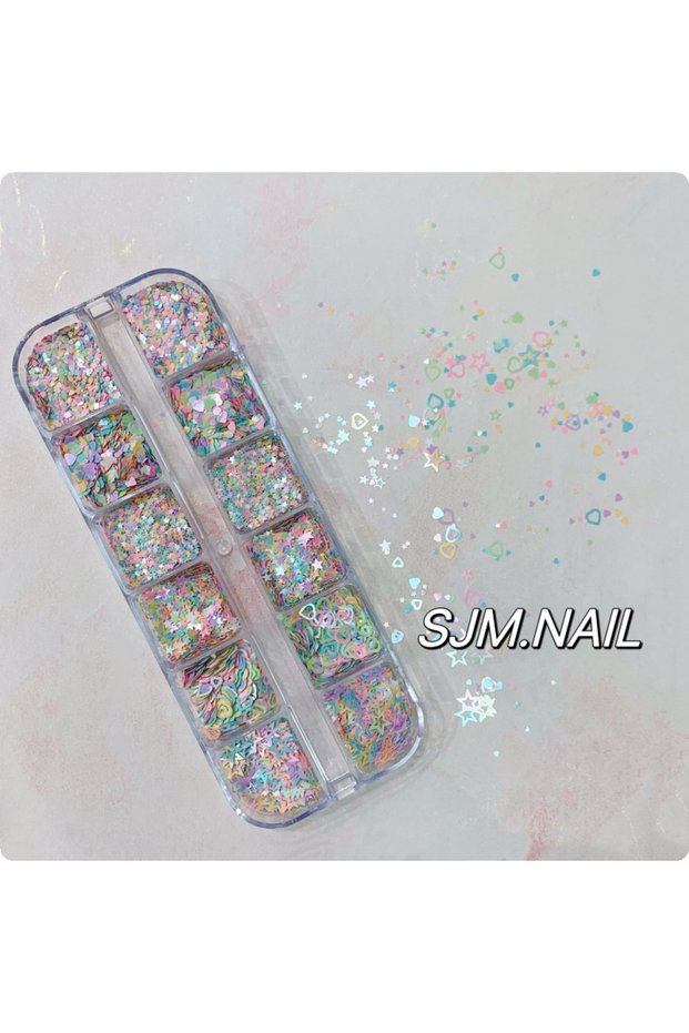 Other XS 12 grids 12 Grid Popular Macaron Heart Star Mixed Nail Glitter Hollow Peach Heart Star Nail