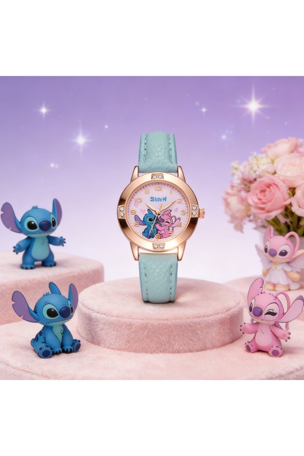 z19 green Cartoon Stitch Watches Kids Boys Girls Cute Cartoon Imitation Diamond Wristwatch Belt Stud