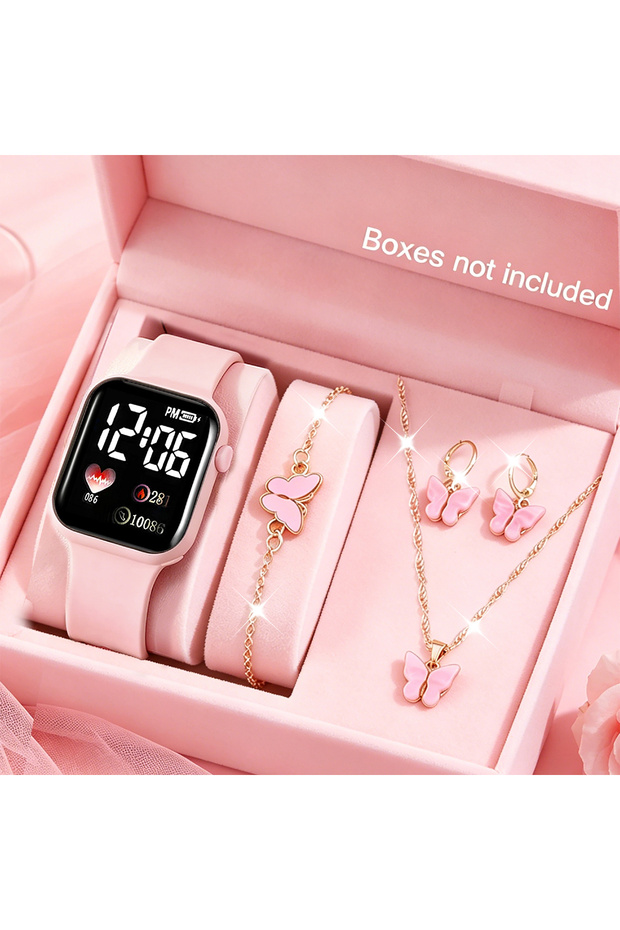 Pink 5-Piece Set, Cute Led Heart Electronic Watch for Girls with Butterfly Bracelet, Necklace, and E