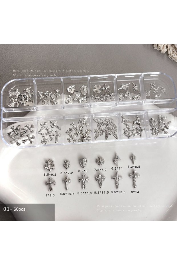 01-silver 12 Grids/60pcs Goth Punk Nail Charms Studs Dark Vintage Style Cross Nail Art Patch Y2k Pre