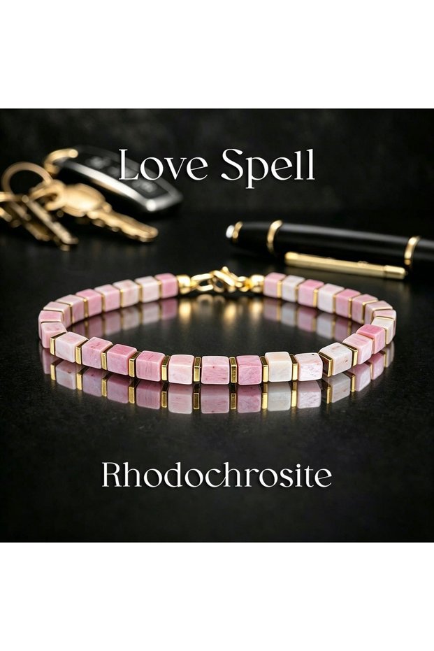 18cm Cute Style Rhodonite Square Beaded Love Spell Bracelet, Handcrafted Natural Stone Jewelry for D