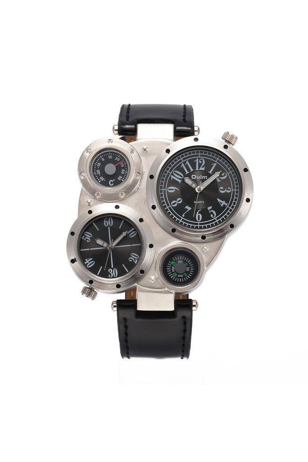 black Oulm Fashion Luxury Men's Watch Double Time Zone Large Dial Luminous Leather Strip Men's Quart
