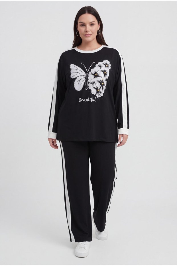 Women's Plus Size Black Striped Tracksuit Set with Stone Butterfly Detail