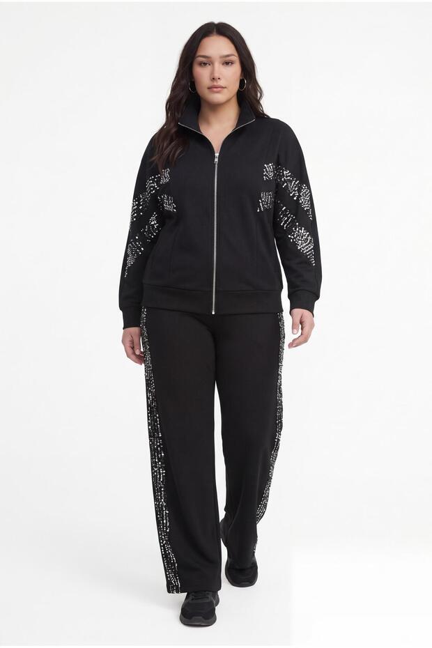 Women's Plus Size Sequin Detailed Half Turtleneck Zippered Black-White Tracksuit Set