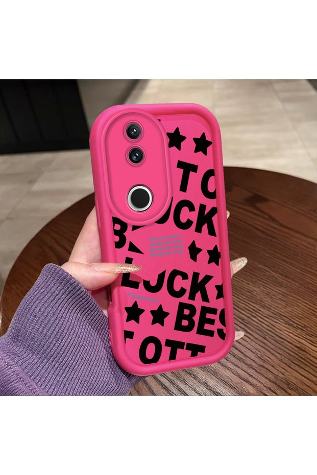 Vivo V50 Compatible Good Luck Written Star and Letter Pattern Fuchsia Pink Silicone Phone Case Shockproof