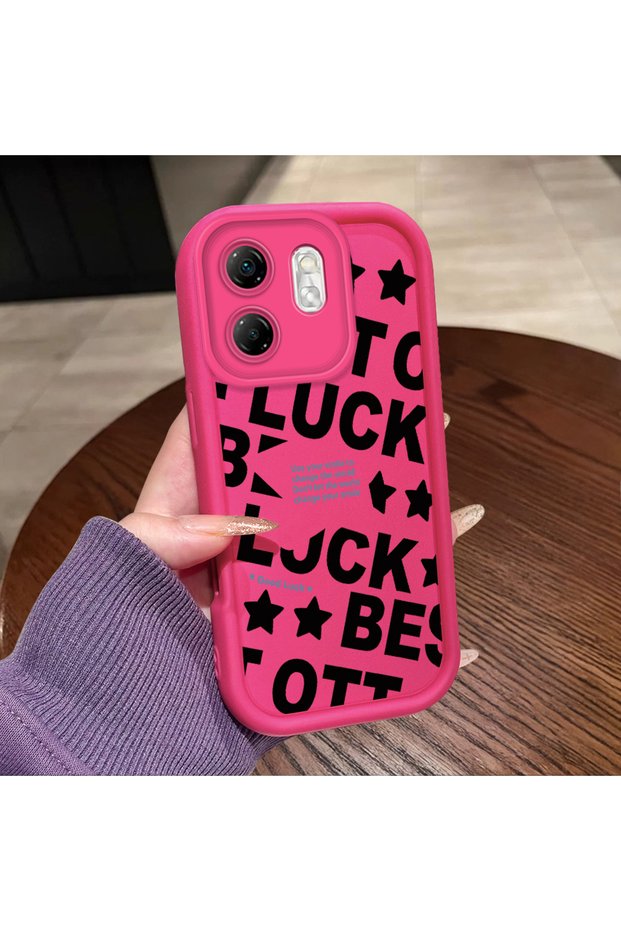 Infinix Smart 9 Compatible Good Luck Written Star and Letter Pattern Fuchsia Pink Silicone Phone Case Impact Resistant