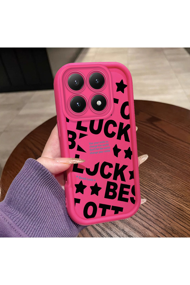 Mi 15t Compatible Good Luck Written Star and Letter Pattern Fuchsia Pink Silicone Phone Case Impact Protection