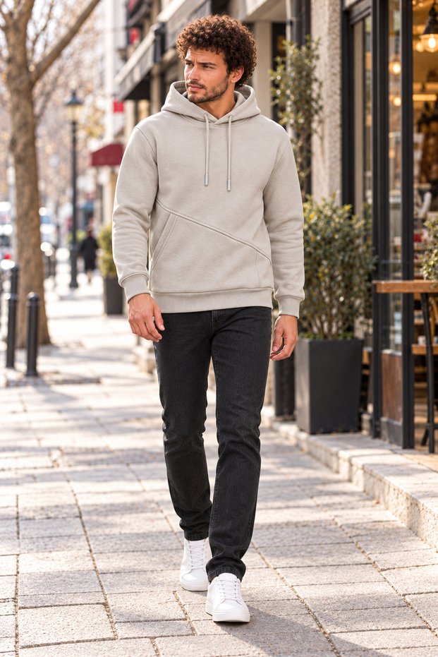 Men's Stone Color Pocket Hooded Sweatshirt 3 Thread Puff Soft Fabric