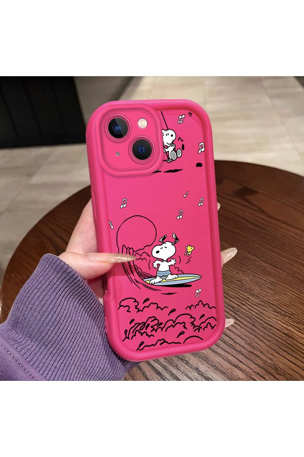 iPhone 15 Compatible Pink Red Silicone Snoopy Pattern Case Shockproof Camera Protection