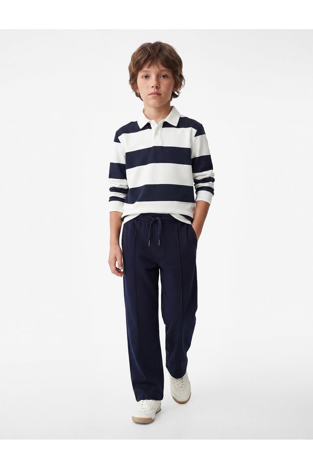 Cotton Pique Fabric Ribbed Pockets Tie-Waist Loose-Leg Sweatpants
