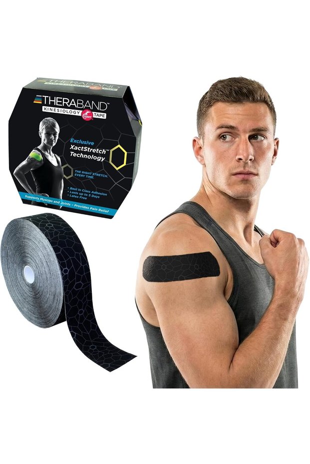 Kinesiology Tape, Waterproof Physio Tape for Pain Relief, Muscle & Joint Support, Standard Roll with XactStretch Application Indicators, 2 Inch x 103.3 Foot Bulk Roll, Black/Gray