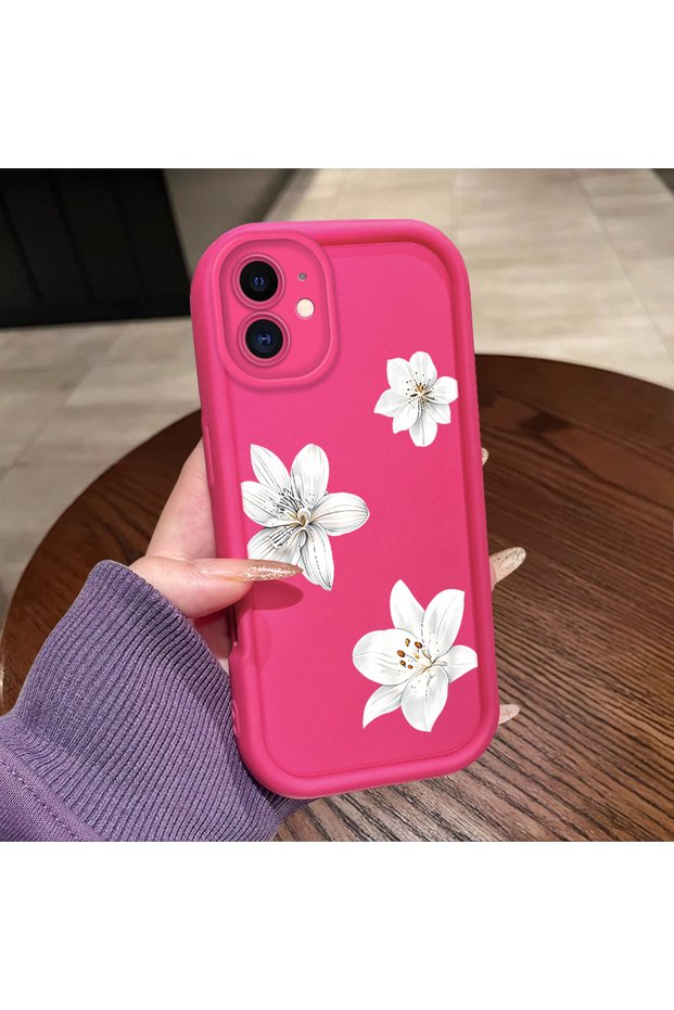 iPhone 12 Compatible Pink Red Silicone Flower Pattern Case Shockproof Camera Protection