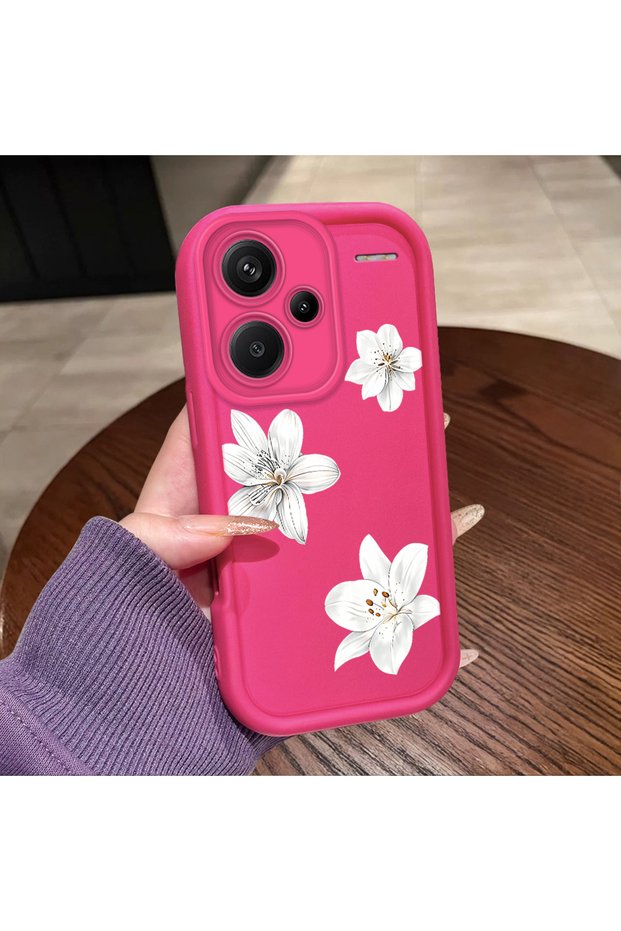 Redmi Note 13 Pro Plus+ 5g Compatible Pink Red Silicone Flower Pattern Case Shockproof Camera Protection