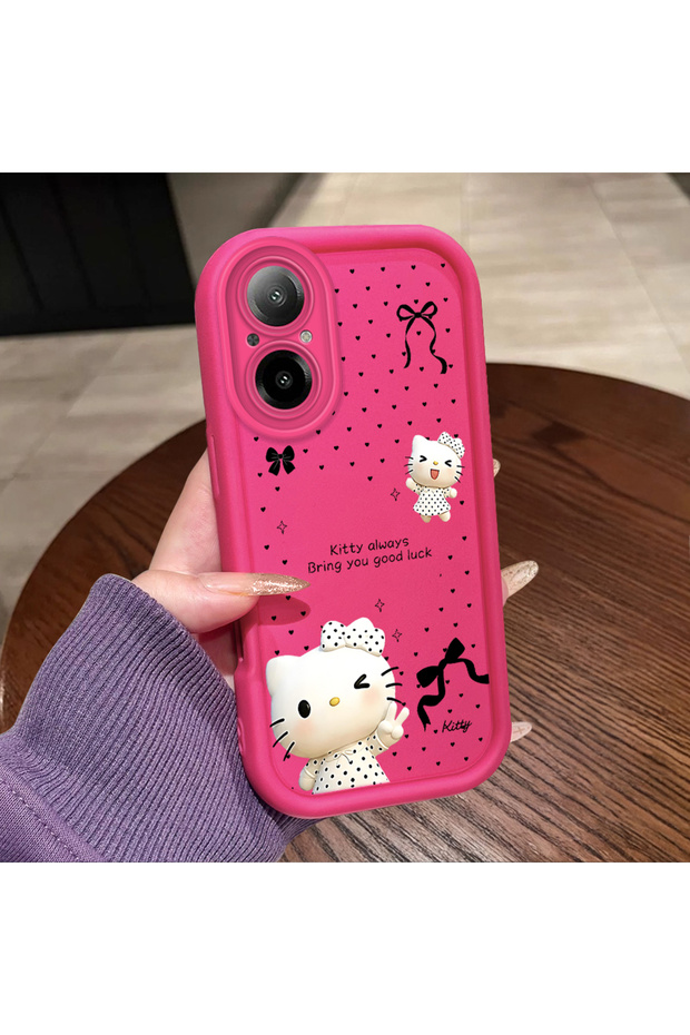 Realme C67 4g Compatible Pink Red Silicone Kitty Case Shockproof Camera Protection