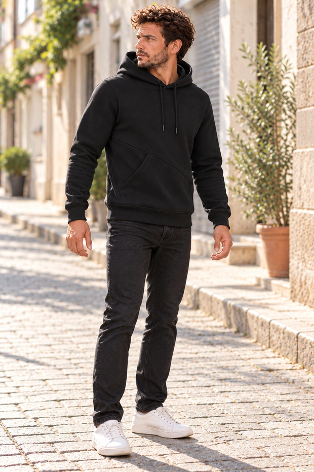 Men's Black Hooded Sweatshirt with Pockets, 3 Thread Puff Soft Fabric
