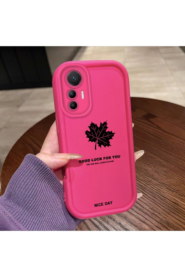 Mi 12 Lite Compatible Pink Red Silicone Maple Leaf Pattern Case Shockproof Camera Protection