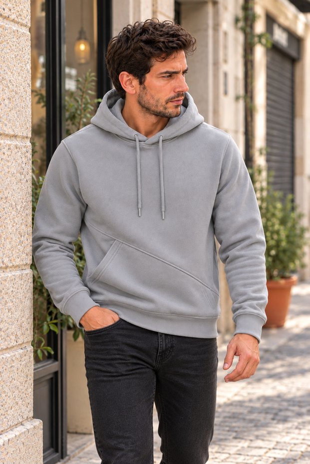 Men's Gray Pocket Hooded Sweatshirt 3 Thread Puff Soft Fabric