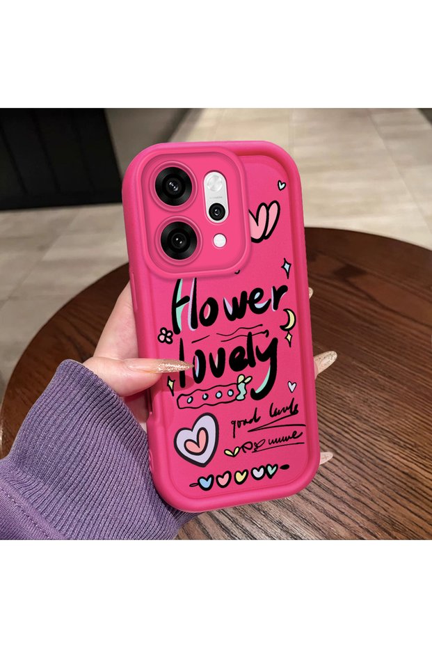 Oppo Reno 14 Pro Compatible Pink Red Silicone Heart Pattern Case Shockproof Camera Protection