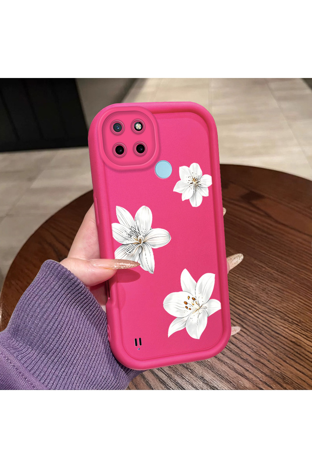 Realme C25Y/C21Y Compatible Pink Red Silicone Flower Pattern Case Shockproof Camera Protection
