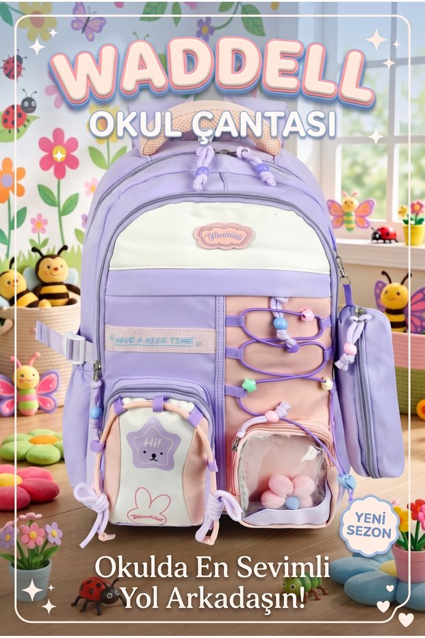 Imported Luxury Waterproof Fabric 26902 Kawai Primary School Bag for Girls with Flower Accessories and Pen Holder as a Gift