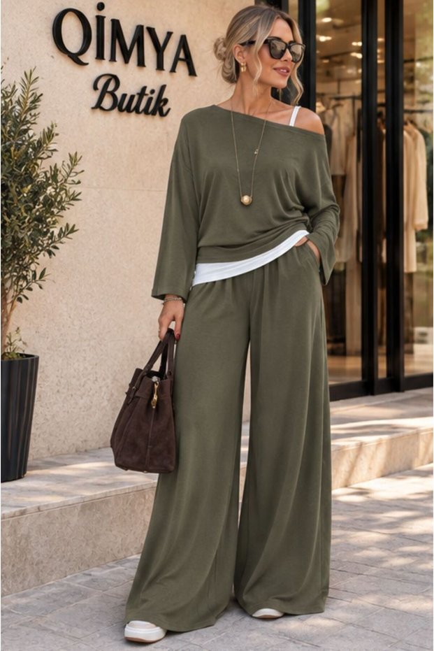 Buketli̇ Women's 3-Piece Set: T-Shirt with Inner Strap, One-Shoulder Blouse, and Elastic Waist Loose Pants.