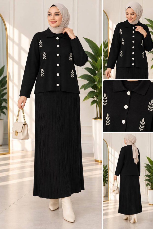 Women's Hijab Shirt Collar Floral Embroidered Skirted Knitwear Set