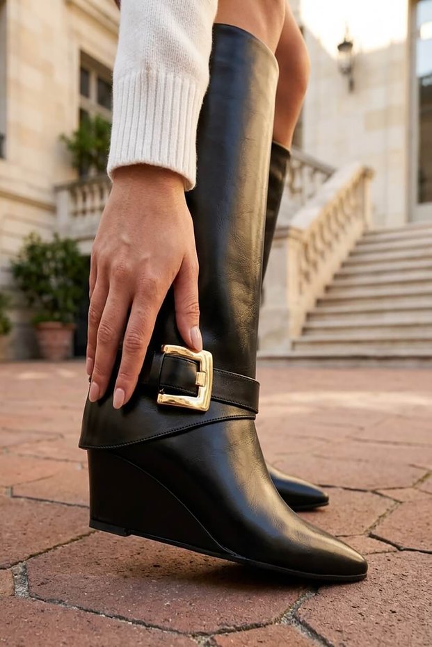 Lonely Black Leather Removable Heel (6 cm Hidden Heel Length) Daily Use Boots and Boots