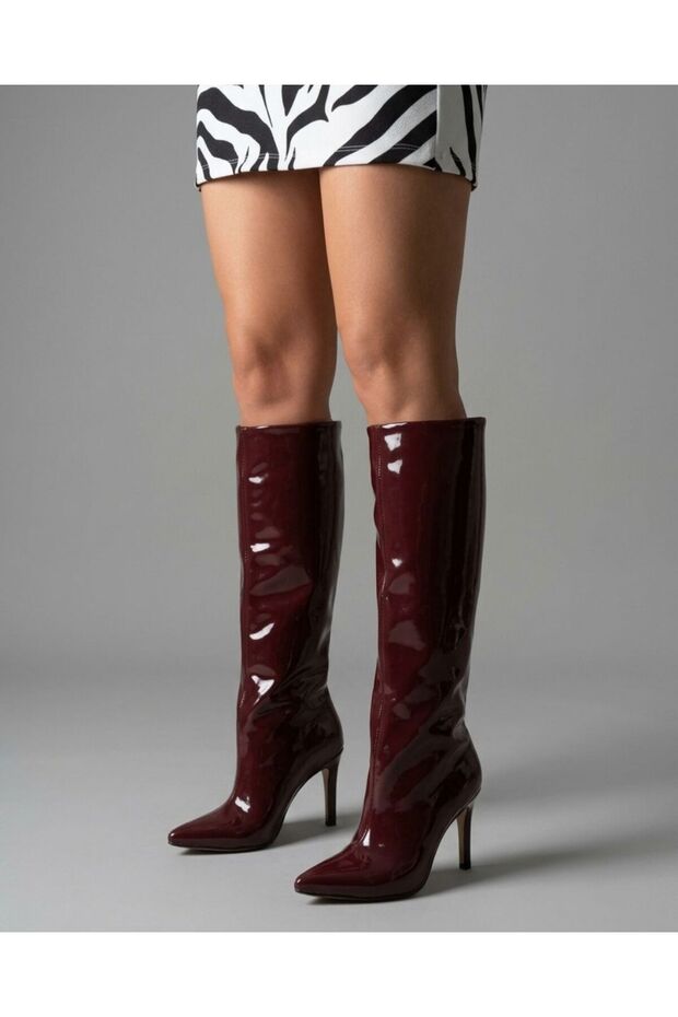 Women's Burgundy Patent Leather Patterned 9 cm Heeled Pointed Toe Stylish and Comfortable Below the Knee Boots