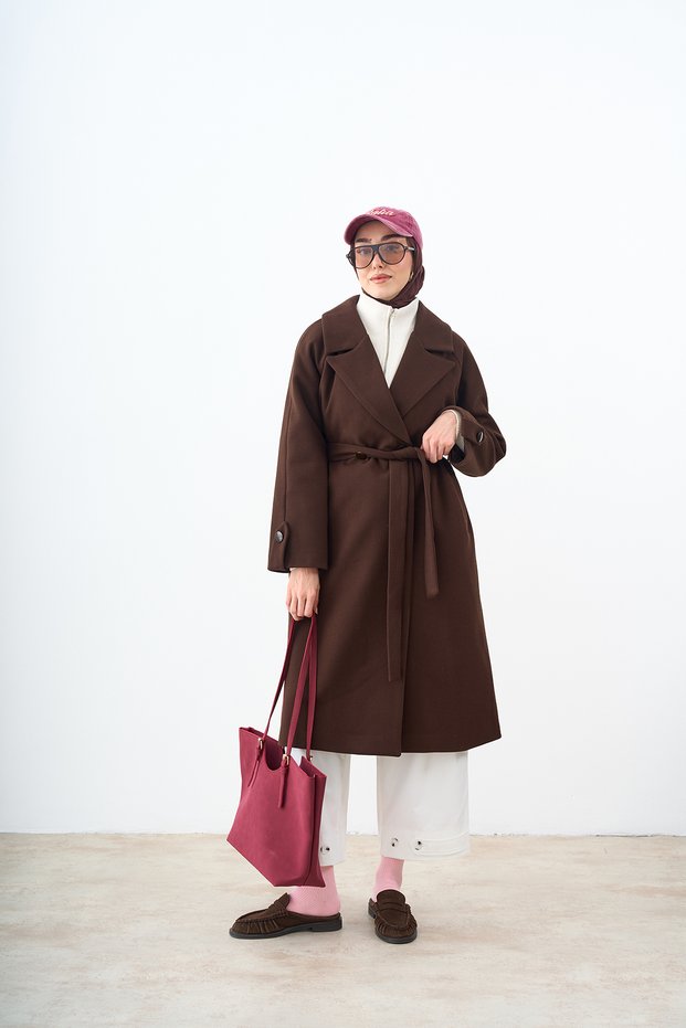 Women's Button Detail Waist Tie Cashmere Coat Brown