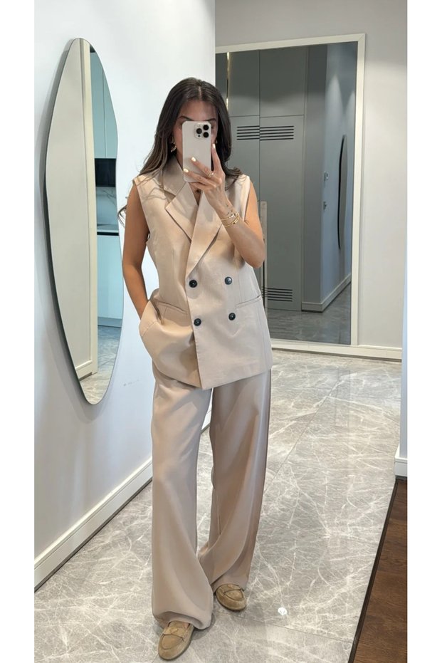 Stone Button Detailed Vest and Trousers Set - 3Y9568