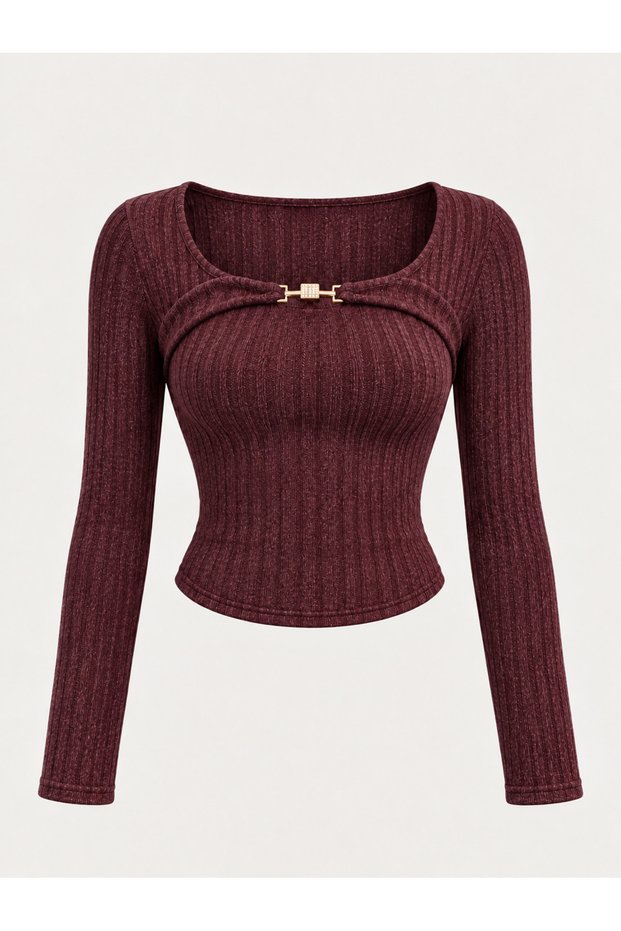 Burgundy Ribbed Knitwear Gold Buckle Square Neck Long Sleeve Crop Blouse, Burgundy Ribbed Knitwear Long Sleeve Blouse with Gold Stone Accessories