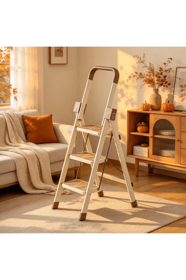 3 Step Cream Folding Ladder with Wide Anti Slip Pedals and Flip Up Handrail Space Saving Foldable Design for Home Kitchen Office and Daily Use