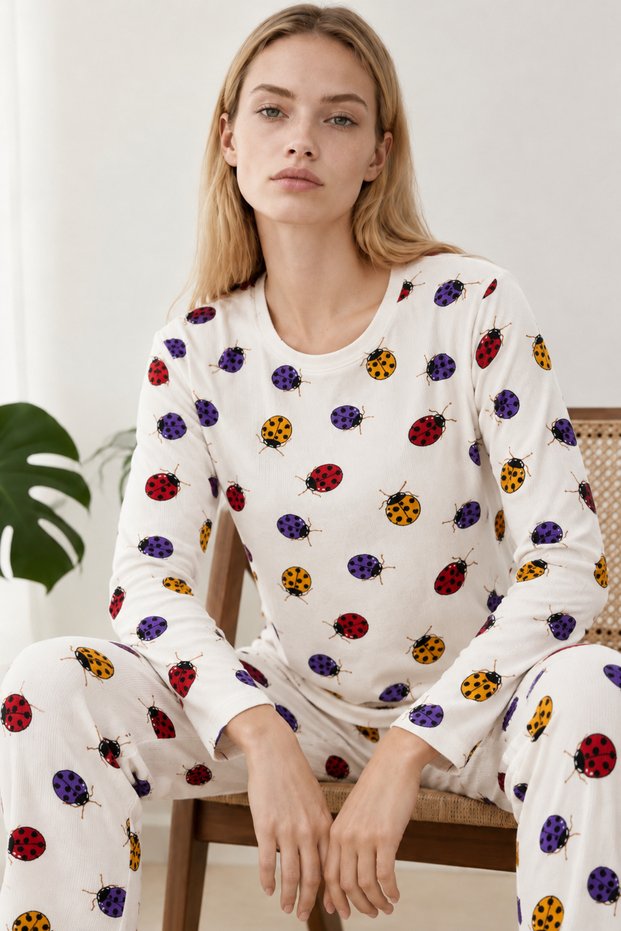 Women's Patterned Double White Comfortable Pajama Set 4829