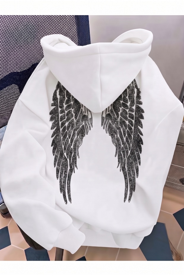 Unisex Angel Wing Printed Premium Hooded 2 Thread Oversize Sweatshirt