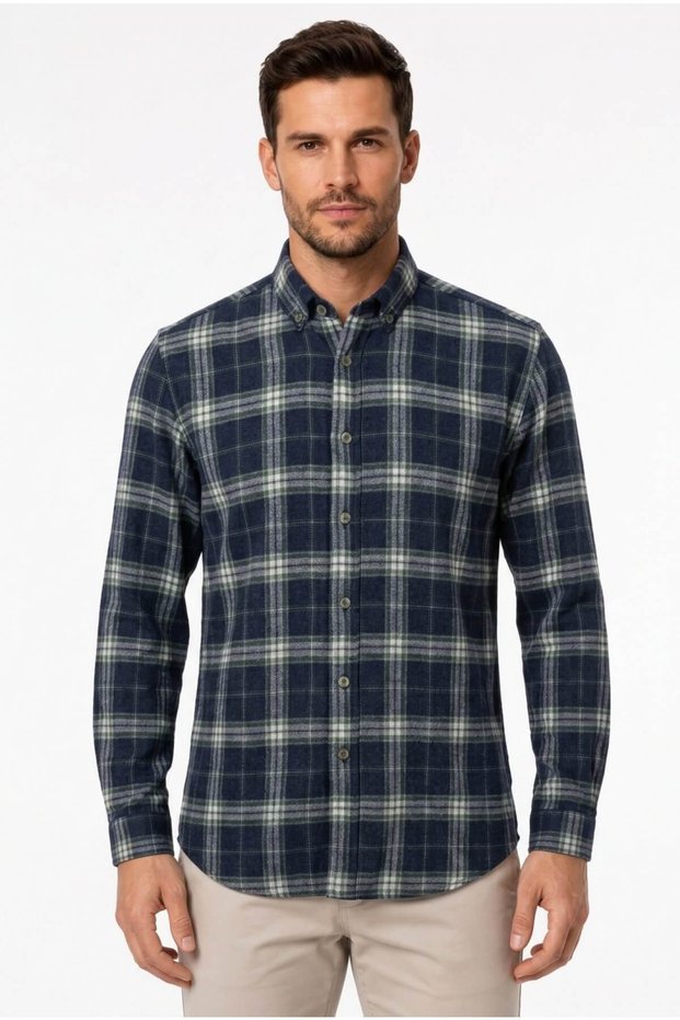 Navy Blue Dynamic Fit Slim Fit Button Collar Long Sleeve 50% Cotton Shirt