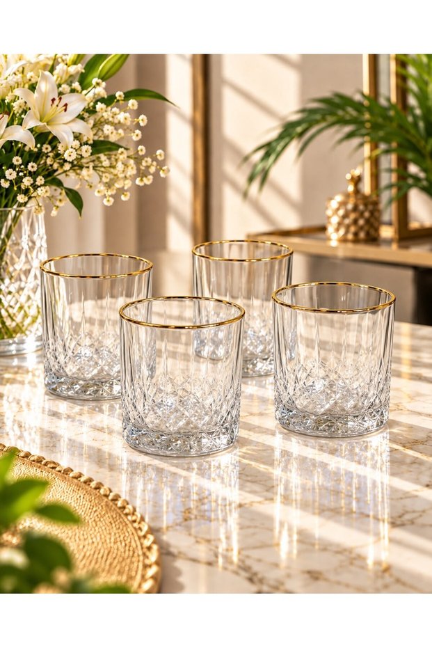 Set of 4 Gold Line Crystal Patterned Soft Drink Glasses