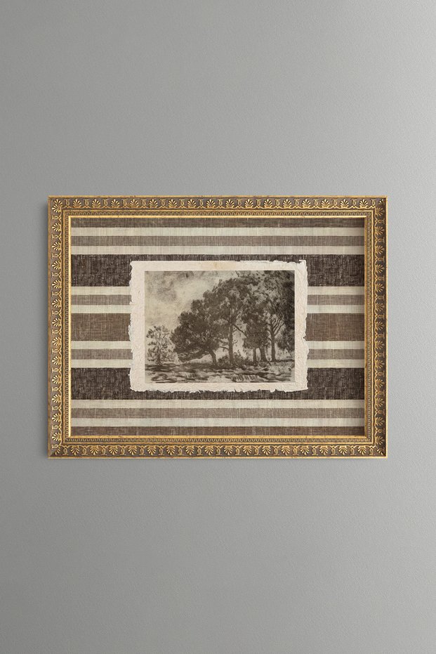 Countryside Scenery with Trees on a Striped Background - Vintage Patterned Painting - Fine Model