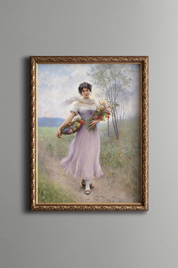 Woman in a Purple Dress Carrying Flowers in the Garden - Vintage Patterned Painting - Slim Model
