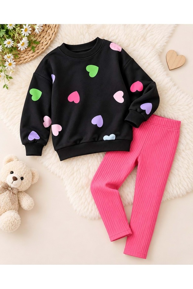 Girl's Fuchsia Color Ribbed Leggings, Heart Printed Dark Color Sweatshirt, 2-Piece Top and Bottom Set