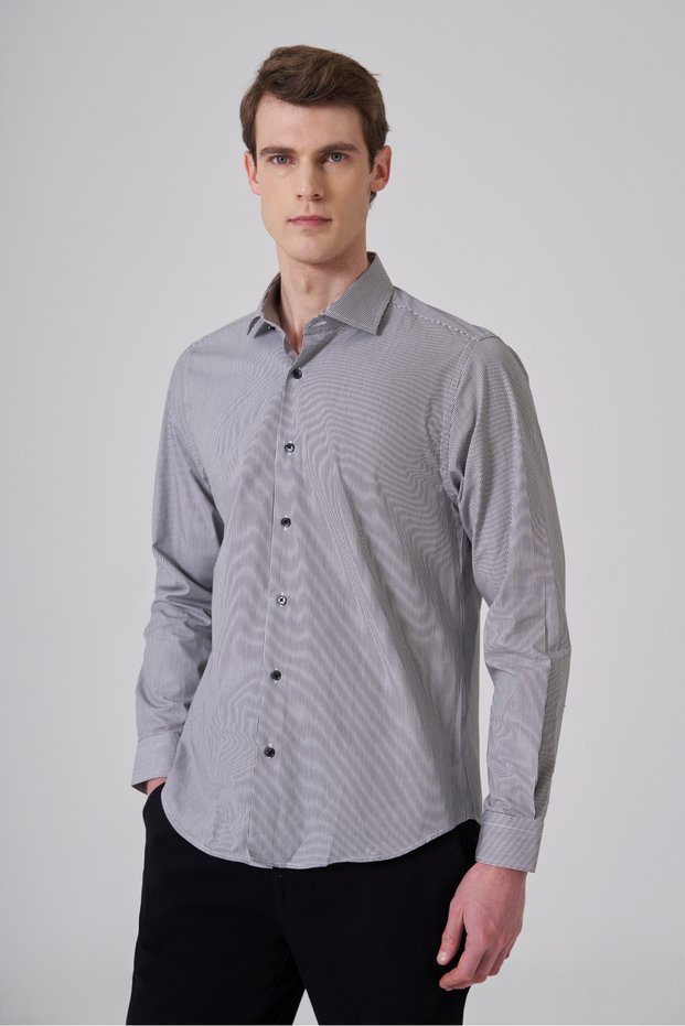 Men's Black Cotton Trendy Striped Dynamic Fit Italian Collar Shirt