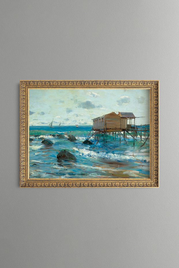 Coastal Cottage in the Blue Sea - Vintage Patterned Painting - Fine Model