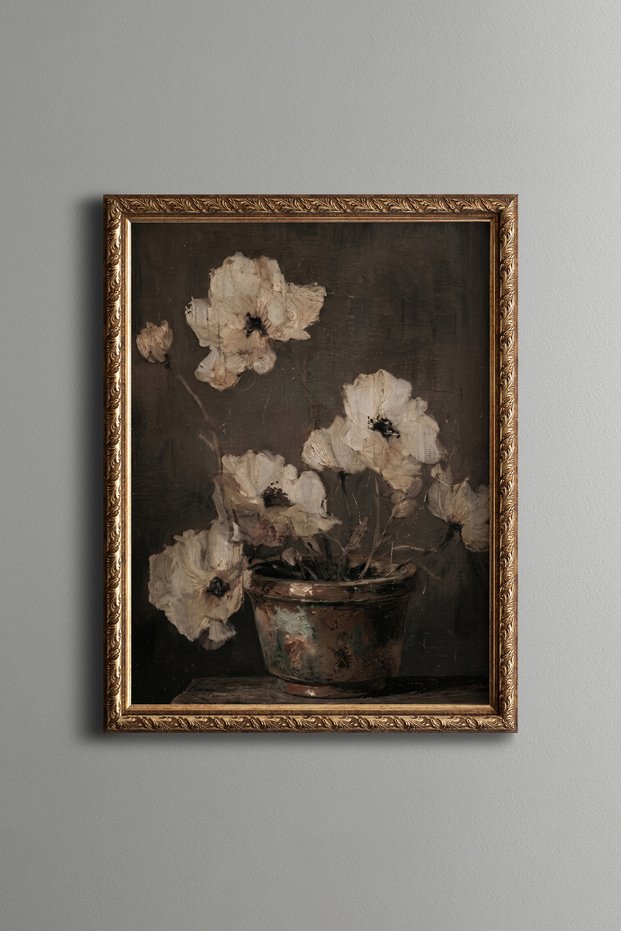 White Flowers in a Pot on a Dark Background - Vintage Patterned Painting - Fine Model