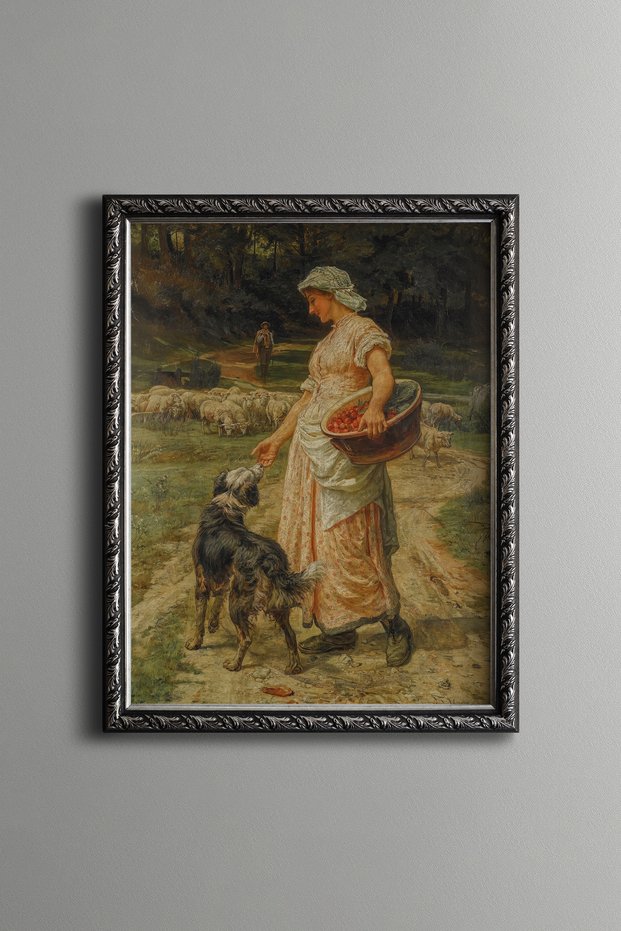 Woman and Dog with Basket on Forest Path - Vintage Patterned Painting - Fine Model