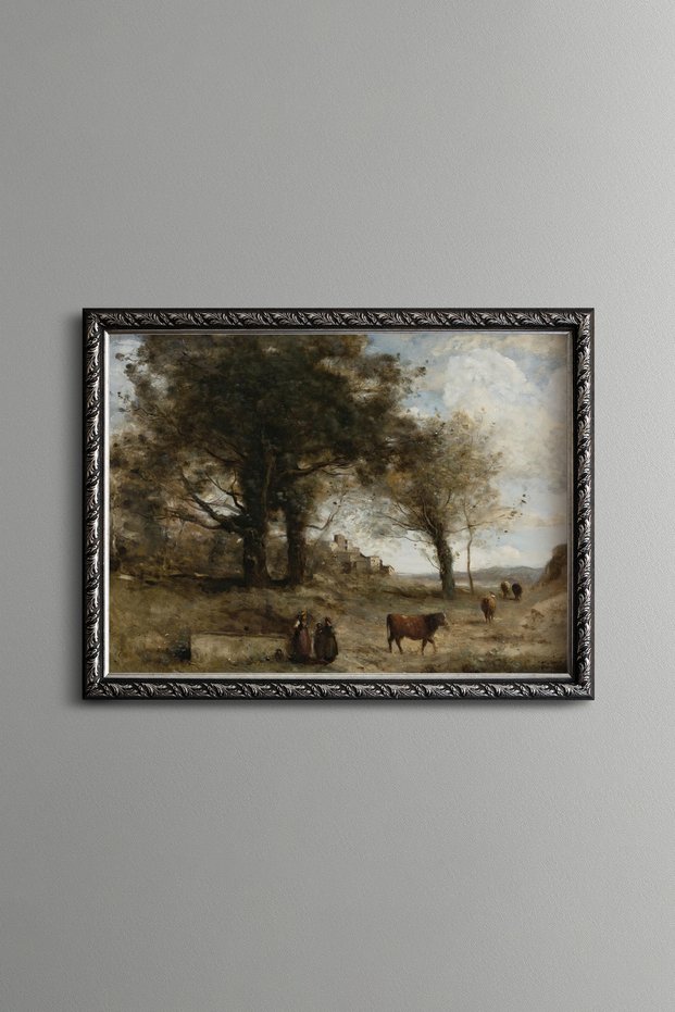 Trees and Grazing Animals in a Meadow - Vintage Patterned Painting - Fine Model