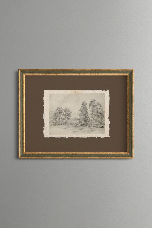 Landscape Sketch with Trees on a Brown Background - Vintage Patterned Painting - Fine Model