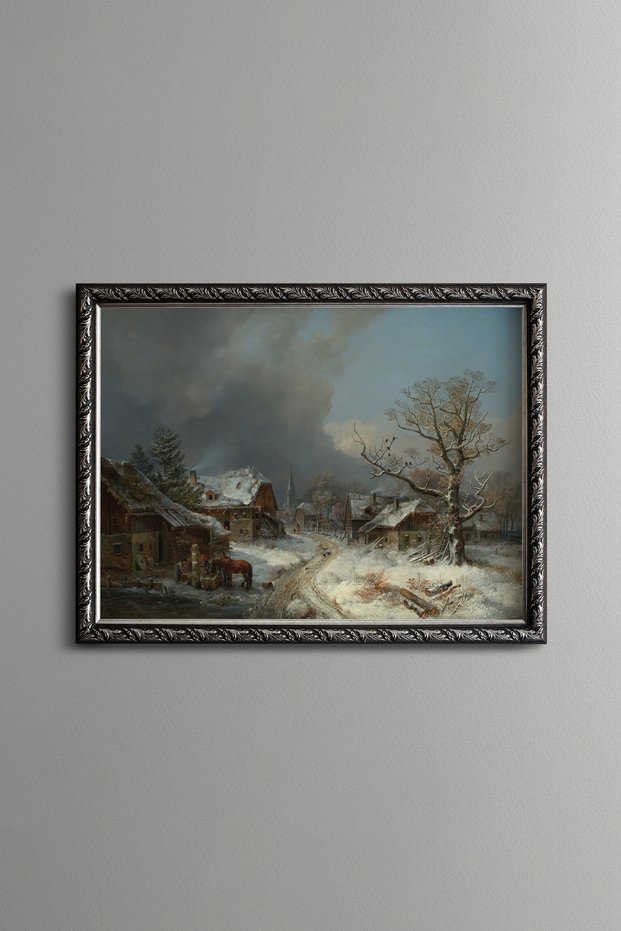 Snowy Village Landscape - Vintage Patterned Painting - Fine Model