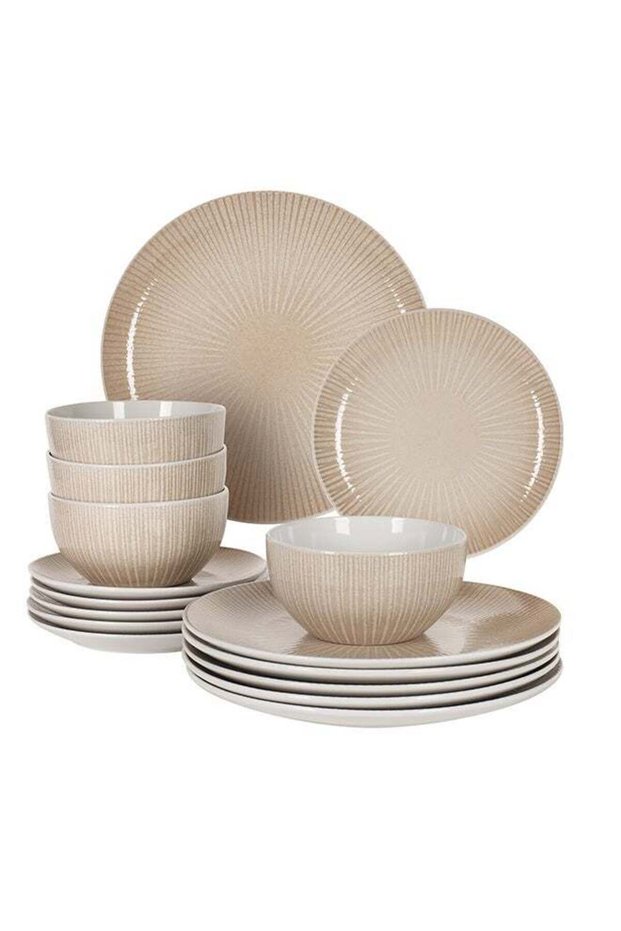 18 piece Stoneware Dinnerware Set, Set for 6, Microwave & Dishwasher Safe, Beige Line Design