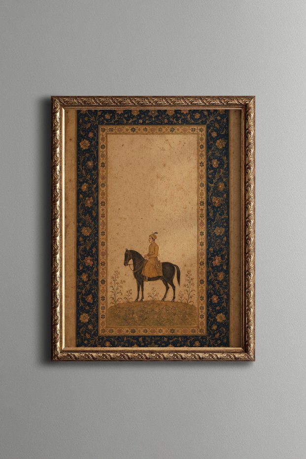 Navy Blue Border Miniature Horse Figure - Vintage Patterned Painting - Fine Model
