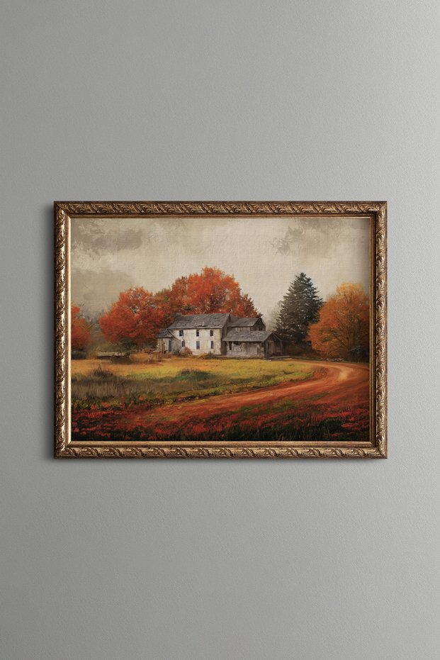 White House among Red Autumn Trees - Vintage Patterned Painting - Fine Model