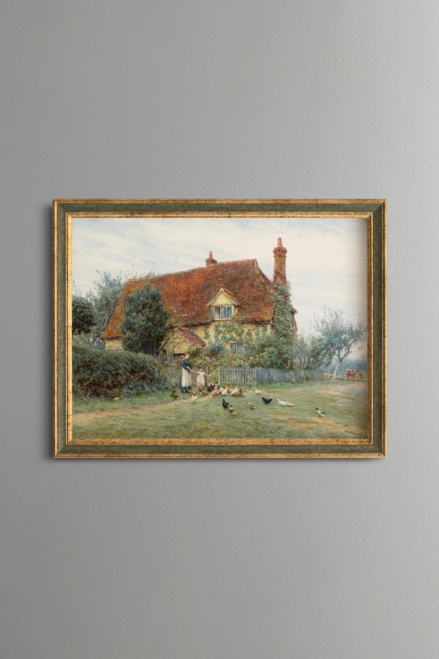 Red-Roofed Country House and Garden - Vintage Patterned Painting - Fine Model